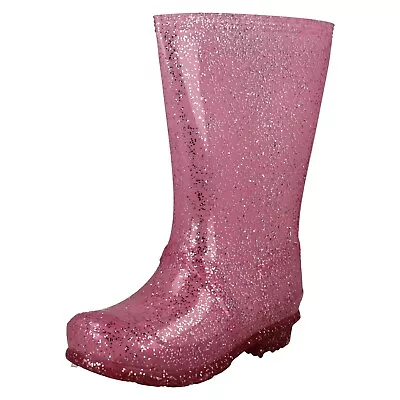 Girls Glitter Knee High Pull On Wellington Boots Rain Wellies X1r256 Size • £7.99