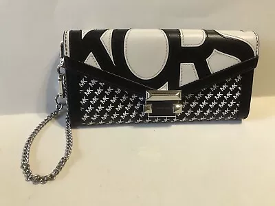 Michael Kors Logo Wristlet Clutch Black And White W/ Silver Chain Free Shipping! • $49.99