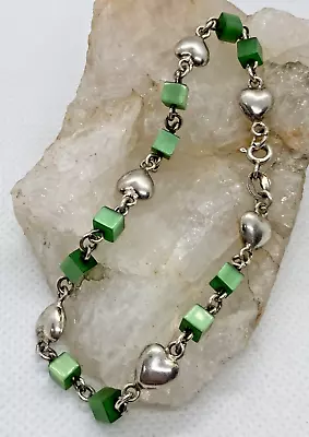 Vintage ASIL Puffy Heart Green Square Bead Bracelet 7.5'' Sterling 925 Silver 6g • $14.99