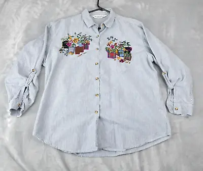 Victoria Jones Women Top 20 Blue Striped Button Up Embroidered Flowers Roll Tab • $7.88
