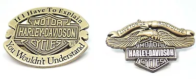 £5.99 • Buy TWO Harley Davidson Metal Badge - Live To Ride & 'Explain' - Brass Effect Finish
