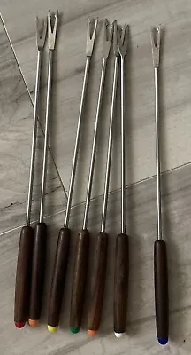 Vintage Fondue Forks-Stainless Steel Wood Handles-Set Of 7 • $5.99