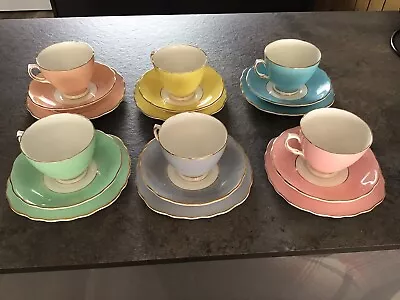 Colclough 'HARLEQUIN' Tea Set 6 Pastel Shades Bone China Trios Cup/Saucer/Plate • £65