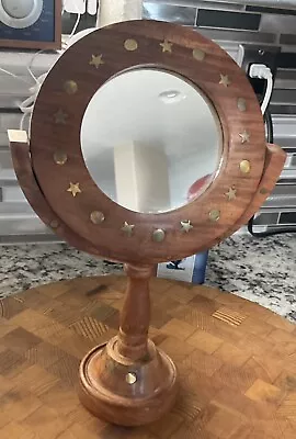 Vintage Wood Dresser Mirror Brass Stars & Circles Inlaid Rare • $29.99