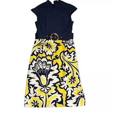 Milly Of New York Womens Navy/ Yellow Printed Belted A Line Dress Sz 0 Workwear • $30