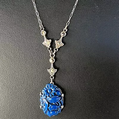 Vintage Edwardian Sterling Silver Blue Lapis Carved Flower Marcasite Necklace • £72.28