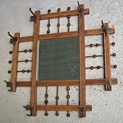 Antique Stick And Ball Victorian Wall Coat Hat Rack With Beveled Mirror Vintage • $119.95