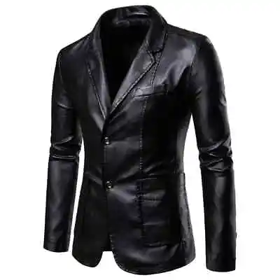 Men's Leather Jacket Business Blazer Coat Two Buttons Nightclub Slim Fit Casual • $45.97