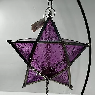 Star Lantern Hanging Glass Decorative Tealight Candle Holder Purple 7 3/4  New • $44.99