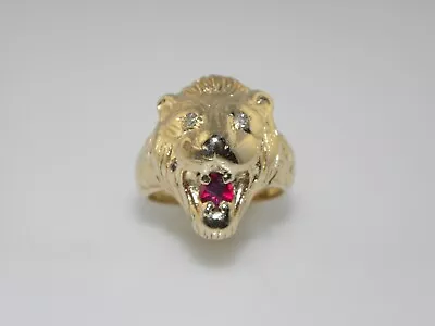 $1429.35 • Buy Mens Bold Estate Yellow Gold Lion Ring Wit Diamond Eyes And Ruby Gem Stone