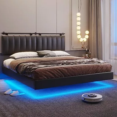 King Floating Bed Frame With LED Lights &Wall Mounted Headboard Platform Bed • $209.97