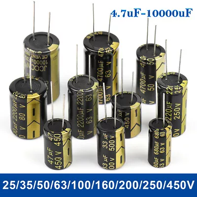 35V - 500V Radial Aluminium Electrolytic Capacitors 4.7uF-10000uF ±20% 105°C • £1.73