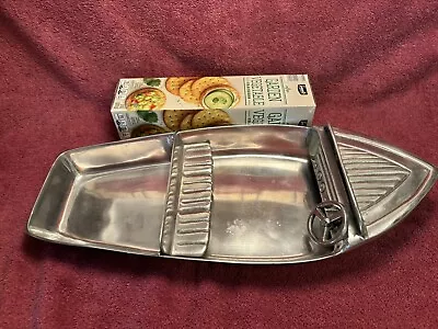 18” VINTAGE 50’s BOAT SERVING DISH POLISHED ALUMINUM 8” WIDE VERY NAUTICAL • $159