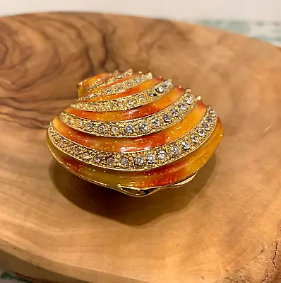 Bejeweled Clam Shell Trinket Box Hinged Gold Tone Orange Enamel Austrian Crystal • $17.95