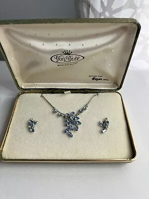 Vintage Van Dell Sterling Silver Blue & Clear Rhinestone Necklace & Earrings Set • $19.99