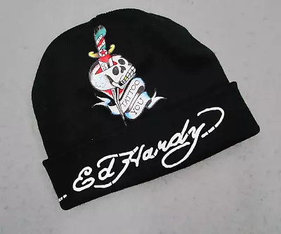 Ed Hardy Hat Mens One Size Black Beanie Cuffed Outdoor Tattoo You Skull Graphic • $27.99