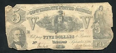 T-37 1861 $5 Five Dollars Csa Confederate States Of America Currency Note (g) • $49.95