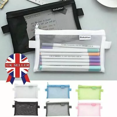 Clear Exam Bag Student Transparent Mesh Pencil Case Net Cosmetic Makeup Pouch UK • £3.89