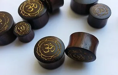 Pair Gold Printed Hindu Om Lotus Coconut Shell Inlay Sono Wood Saddle Ear Plugs • $17.99