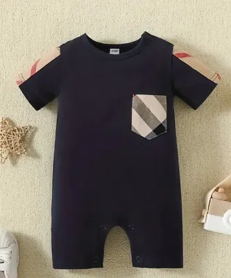 Baby Boys Navy Blue Romper Plaid Babygrow Outfit  6-9 Months  • £12.99