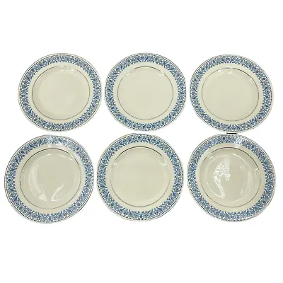 VTG Minton Bone China Pomona 6 Dessert Plates 6.5  Ivory Blue Floral Silver Trim • $46.89