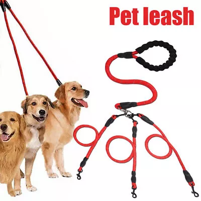 3 Way Dog Coupler Leash 360° Swivel No-Tangle Pet Nylon Traction Rope Leash Lead • £16.69