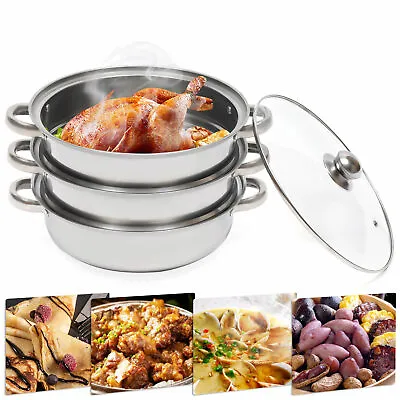 3 Tier Steamer Hot Pot Stainless Steel Cooker Steam Pot Food Cooking + Glass Lid • $40