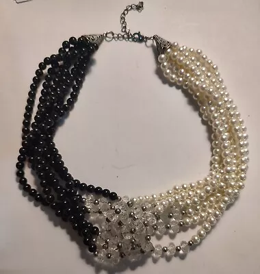 Vintage Black And White Pearl With Clear Beads Multi Strand Necklace. 17  • $52