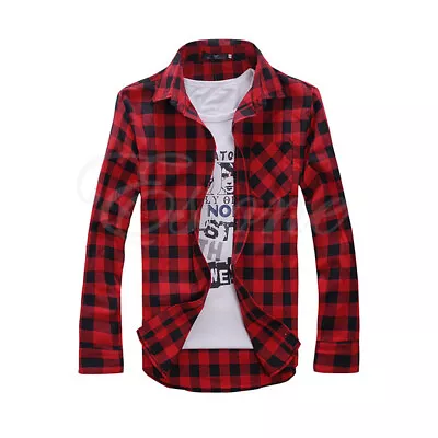 New Fashion Stylish Men Check Slim Casual Long Sleeve Shirt • £10.12