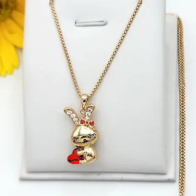 18K Gold Plated Cute Rabbit Bunny Pendant Necklace Red Heart Crystal & Bow • $18