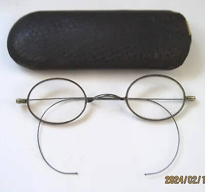 Antique Child's Wire-Rimmed Oval Glasses With Leather Case Fine Condition • $16