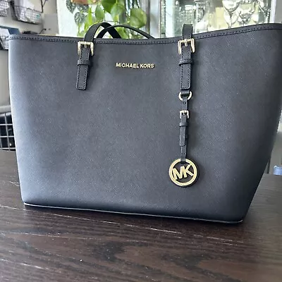 Michael Kors Large Jet Set Travel Tote Shoulder Bag Black Handbag Leather Purse • $70