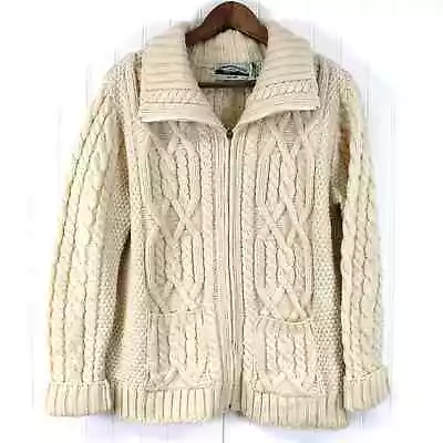 Aran Crafts Ireland Size L Merino Wool Fisherman Cardigan Sweater Chunky Cable  • $39.99