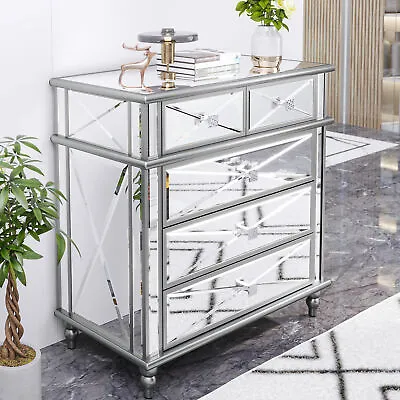 Modern 5 Drawer Mirrored Storage Chest Dresser Sideboard Cabinet For Living Room • $341.99