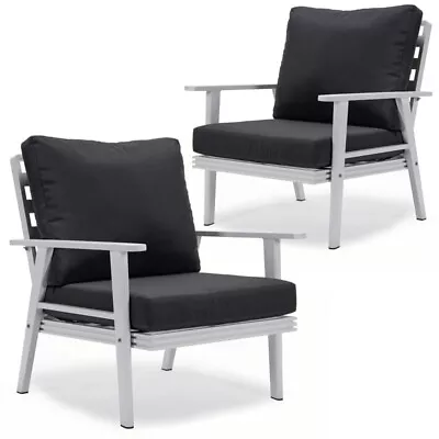 LeisureMod Walbrooke Outdoor Patio White Aluminum Armchairs Set Of 2 Charcoal • $980.30