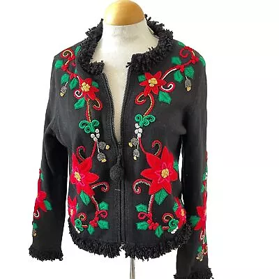 Michael Simon Cardigan Holiday Floral Poinsettia Faux Fur Collar Size Large VTG • $111.29