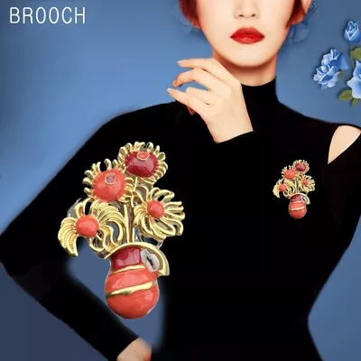 Medieval Vintage Lifelike Handmade Enamel Flower Pot Brooch • $9