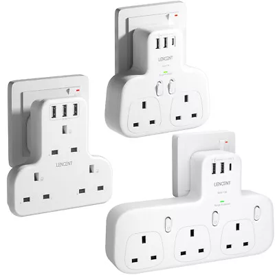 LENCENT 2 / 3 Way UK 3 Pin Plug Extension Multi Way Wall Socket With 3 USB Ports • £14.99