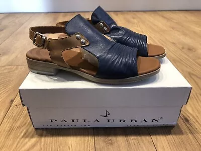 Paula Urban Leather Sandals UK7 EU40 Navy & Tan Elasticated Buckle VGC • £35