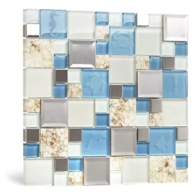 Blue Sea Glass Tile Backsplash Beach Style Mosaic Tiles Real Seashell Inside ... • $121.54
