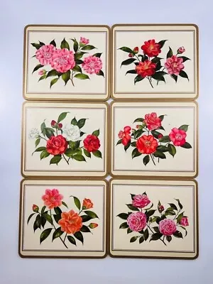 Set Of 6 Pimpernel Placemats CAMELLIA Pattern Cork Back Gold Trimmed BOXED • $28.80