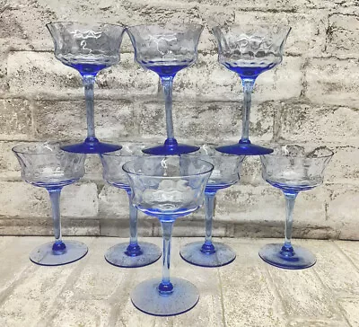 Rare Set Of 8 Vintage Heisey Blue Diamond Optic Wine Glasses • $399