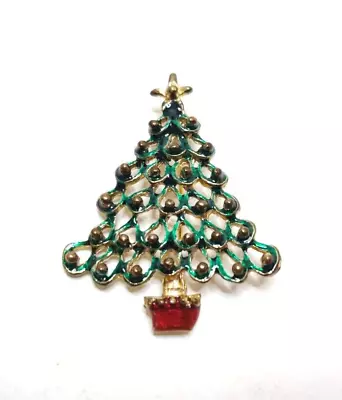 Vintage Christmas Tree Brooch Green Red Gold Colors • $8