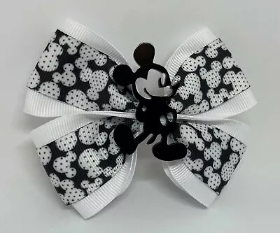 Girls Hair Bow 4  Wide Laser Cut Silhouette Mickey Mouse White Black Polka Dot • $6.99