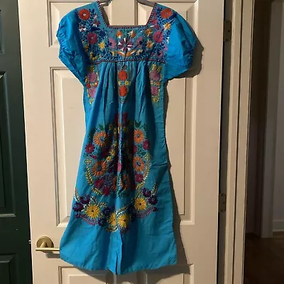 Hand Embroidered Blue Boho Mexican Cotton Dress Shift Tunic *see Measure* • $28