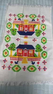 Vintage Cotton KITCHEN TOWEL Colorful House Fringed • $5