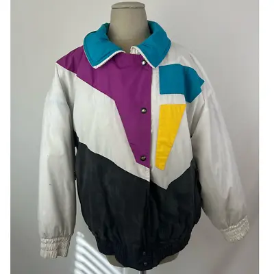 Vintage 80s Color Block Purple White Blue Yellow Ski Windbreaker Puffer Jacket L • $18