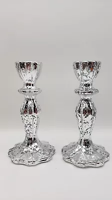 Pair Set Of 2 Mercury Glass Silver Speckled Candle Sticks Holders 6  Tall • $17.99