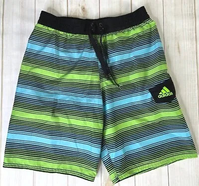 Adidas Swim Shorts Trunks Swimming Pocket Logo Striped Green Black Large A4207 • £10.78