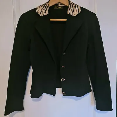 £15 • Buy Vintage Tailored Black Fitted Jacket With Tiger Print Collar